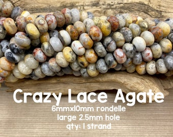 Large Hole Crazy Lace Agate Gemstone Beads, 6mm x 10mm Rondelle, 8" Strand