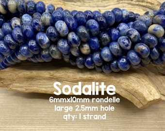 Large Hole Blue Sodalite Gemstone Beads, 6mm x 10mm Rondelle, 8" Strand