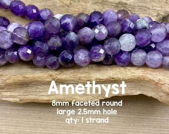 Large Hole Amethyst Gemstone Beads, 8mm Faceted Round, 8" Strand