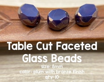 8mm Table Cut Faceted Czech Glass Beads, Plum With a Bronze Finish, 10 Beads