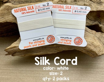 Griffin Silk Cord With Needle, Size 2, White, 2 Packs