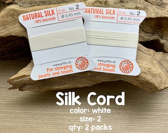 Griffin Silk Cord With Needle, Size 2, White, 2 Packs