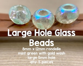 Large Hole Glass Beads, 8mm x 12mm Rondelle Roller with 5mm Hole, Mint Green With AB Finish, 5 Pieces