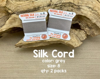 Griffin Silk Cord With Needle, Size 8, Gray, 2 Packs
