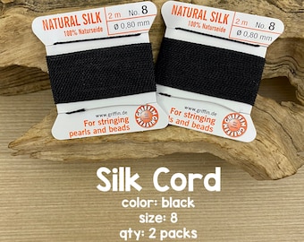 Griffin Silk Cord with Needle, Size 8, Black. 2 Packs