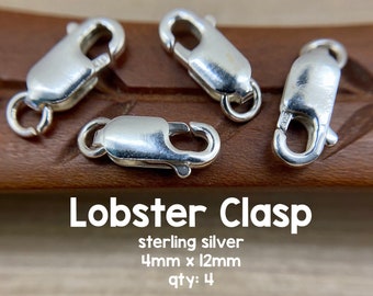Sterling Silver Lobster Clasps, 4mm x 12mm, 4 Pieces