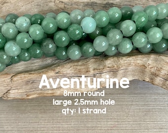 Perles de pierres précieuses d’aventurine à grand trou, rondes de 8 mm, brins de 8 po