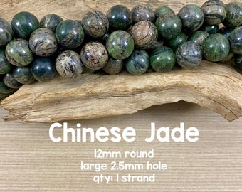 Perles de jade chinoises à grand trou, rondes de 12 mm, brins de 8 pouces