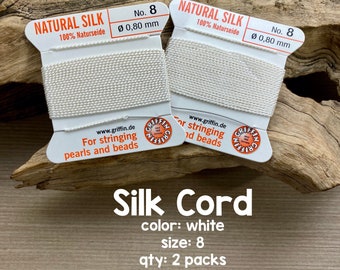 Griffin Silk Cord With Needle, Size 8, White, 2 Packs