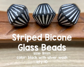11mm Czech Glass Bicone, Black With Silver Wash, 10 Beads