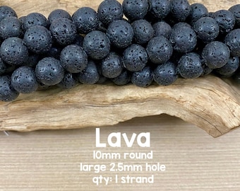 Large Hole Lava Beads, 10mm Round, 8" Strand