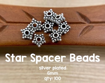 Silver Beads - Silver Plated - 6mm - Stars - Bali Style - Star Spacers - 100 Pieces