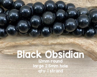 Perles de pierres précieuses d'obsidienne noire à grand trou, rondes de 12 mm, brin de 8 "