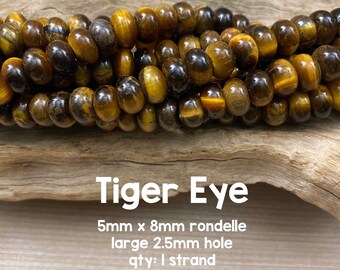 Large Hole Tiger Eye Gemstone Beads, 5mm x 8mm Rondelle, 8" Strand