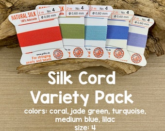 Griffin Silk Cord With Needle Variety 5 Pack, Pastels, Size 4, Jade, Coral, Turquoise, Blue, Lilac