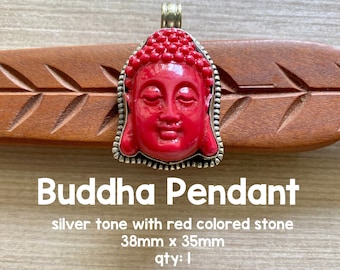 Buddha Pendant with Dark Coral Red Stone & Silver, Focal Piece From Nepal