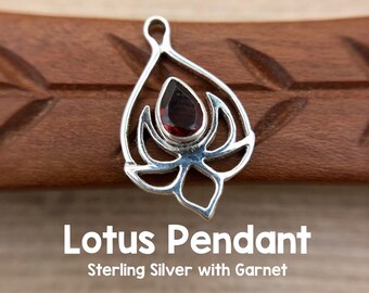 Lotus Pendant, Sterling Silver with Garnet, Fair Trade