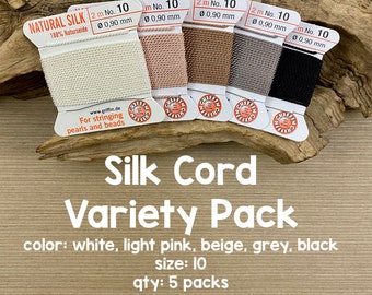 Griffin Silk Cord With Needle, 5 packs, Size 10, Neutrals, White, Black, Grey, Beige, Light Pink