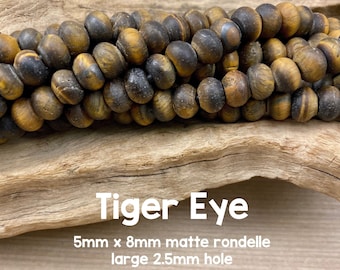 Large Hole Tiger Eye Gemstone Beads, 5mm x 8mm Matte Rondelle, 8" Strand