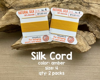 Griffin Silk Cord With Needle, Size 4, Amber, 2 Packs