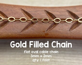 Gold-Filled Chain, Flat Oval, Cable Chain, 3x2mm, 1 Foot