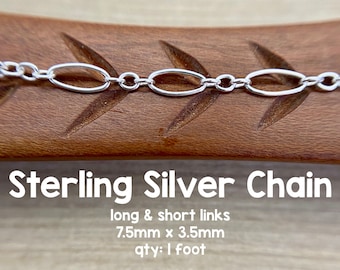 Puede incluir: Una cadena de plata de ley con eslabones ovalados largos y cortos. Los eslabones de la cadena miden 7,5 mm x 3,5 mm. La imagen muestra la cadena sobre una superficie de madera. Se muestra el texto "Sterling Silver Chain".