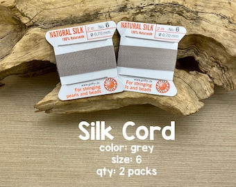 Griffin Silk Cord With Needle, Size 6, Gray, 2 Packs