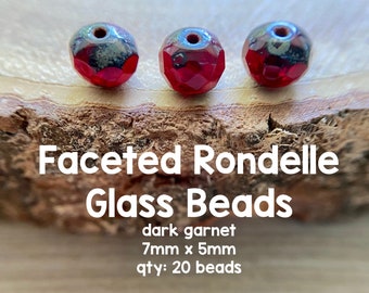 Dark Garnet Faceted Rondelles, Czech Glass Beads, 7x5mm, 20 Beads