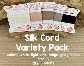 Griffin Silk Cord With Needle Variety Pack, Neutrals, Size 6, 5 Packs, White, Black, Beige, Light Pink, Gray
