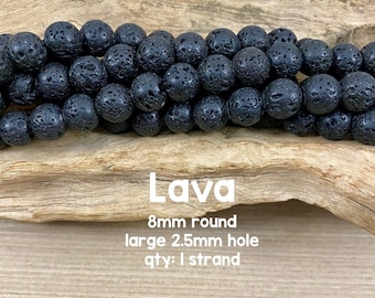 8mm Large Hole Lava Round Beads, 2.5mm Hole. 8 Inch Strand