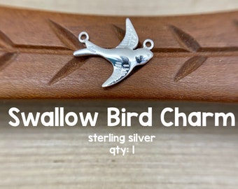 Flying Swallow Bird Sterling Silver Charm - 15mm x 14mm