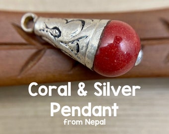 Coral & Silver Pendant, Tribal Focal Piece From Nepal