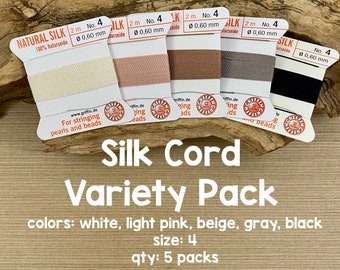 Griffin Silk Cord With Needle Variety Pack, Neutrals, Size 4, 5 Packs, White, Black, Beige, Light Pink, Gray