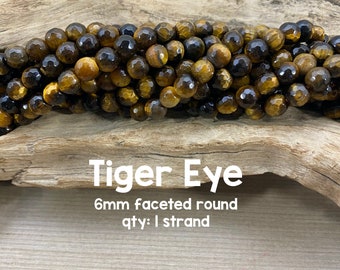 Tiger Eye Gemstone Beads, 6mm Faceted Round, 15"-16" Strand