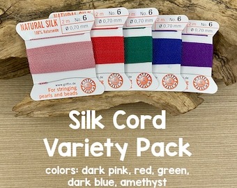Griffin Silk Cord With Needle Variety Pack, Jewel Tones, Size 6, 2 Meters