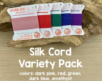 Griffin Silk Cord With Needle, Variety Pack, Jewel Tones, Size 8