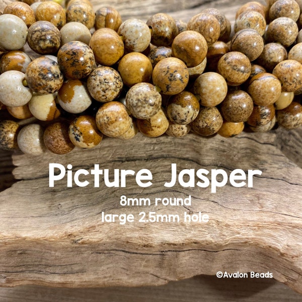 Large Hole Picture Jasper Gemstone Beads, 8mm Round, 8" Strand