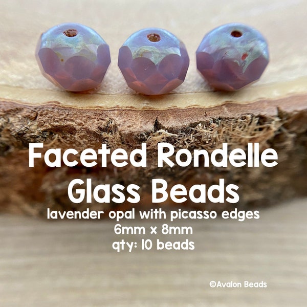 Lavender Opal Faceted Rondelles, Czech Glass Beads, 6x8mm, 10 Beads