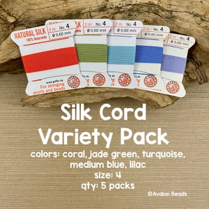 Griffin Silk Cord With Needle Variety 5 Pack, Pastels, Size 4, Jade, Coral, Turquoise, Blue, Lilac