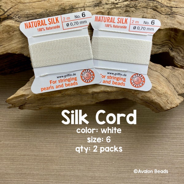 Griffin Silk Cord With Needle, Size 6, White, 2 Packs