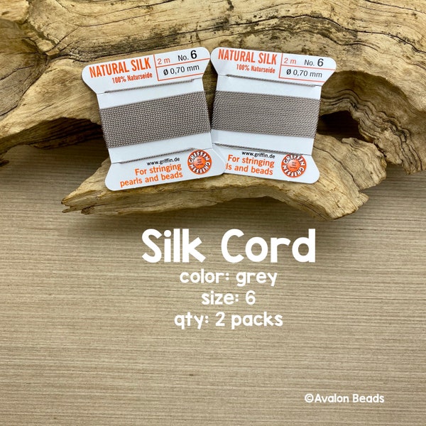 Griffin Silk Cord With Needle, Size 6, Gray, 2 Packs