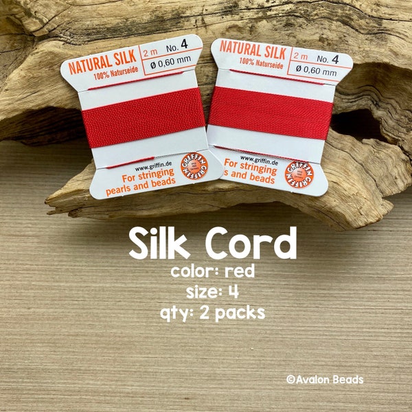 Griffin Silk Cord With Needle, Size 4, Red, 2 Packs