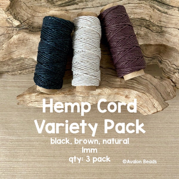 Hemp Cord Variety Pack, 3 Spools: Black, Brown, Natural, 1mm, Macrame Cord