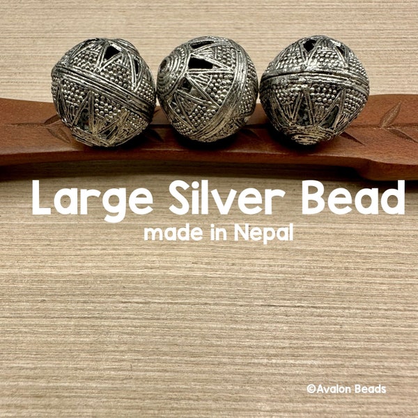 Large Silver Filigree Bead, Made in Nepal, 25mm, Sold By The Piece