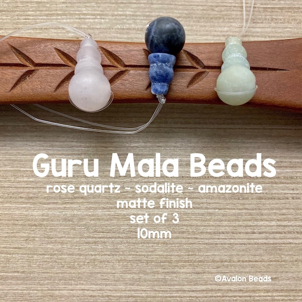 Gemstone Mala Guru Beads, 3 Matte Sets, Amazonite, Rose Quartz, Sodalite, 10mm