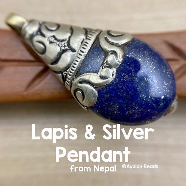Lapis Pendant with Silver End Caps, Tribal Focal Piece From Nepal