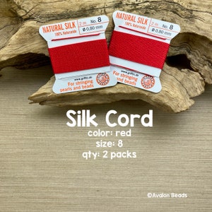 Griffin Silk Cord With Needle, Size 8, Red, 2 Packs