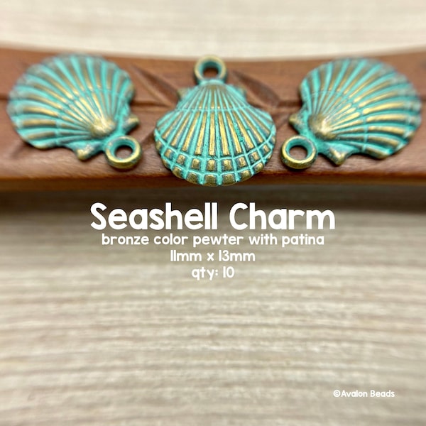 Sea Shell Charms,  Bronze Colored Pewter with Green Patina, 10 Pieces