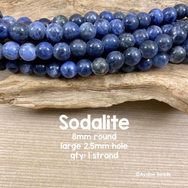 Large Hole Blue Sodalite Gemstone Beads, 8mm Round, 8" Strand