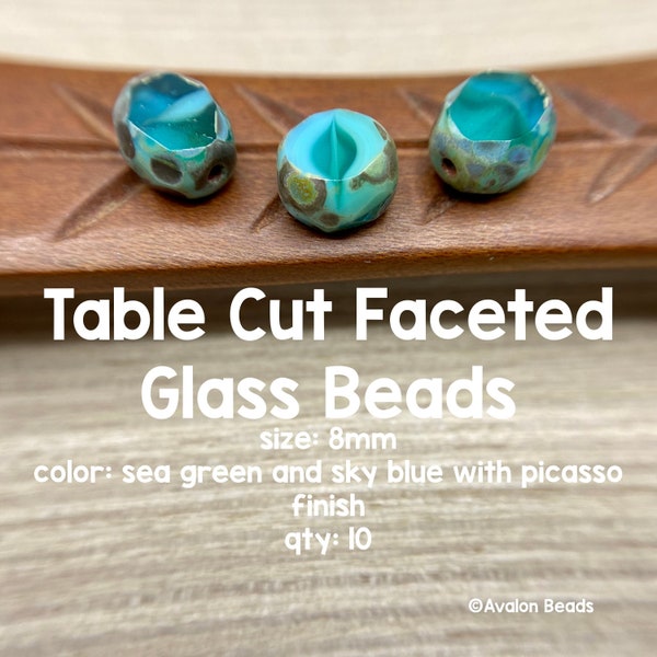 8mm Table Cut Faceted Czech Glass Beads, Sea Green And Sky Blue With a Picasso Finish, 10 Beads
